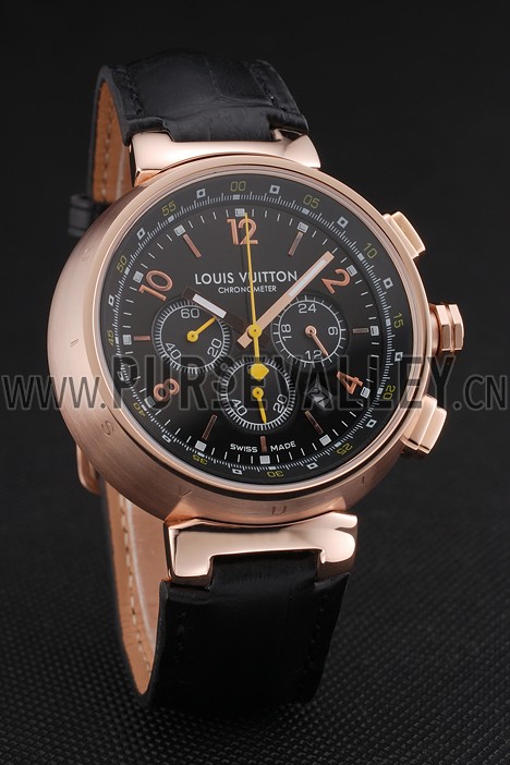 Louis Vuitton Tambour Chronograph Black Dial Rose Gold Case Black Leather Strap