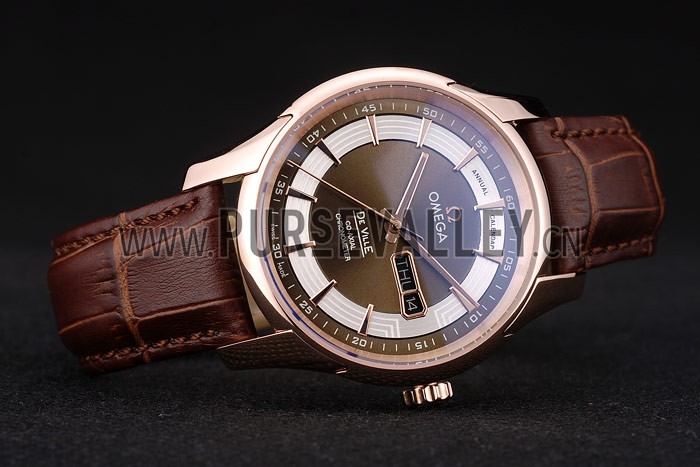 Omega Swiss DeVille Rose Gold Bezel Brown Leather Strap 7616