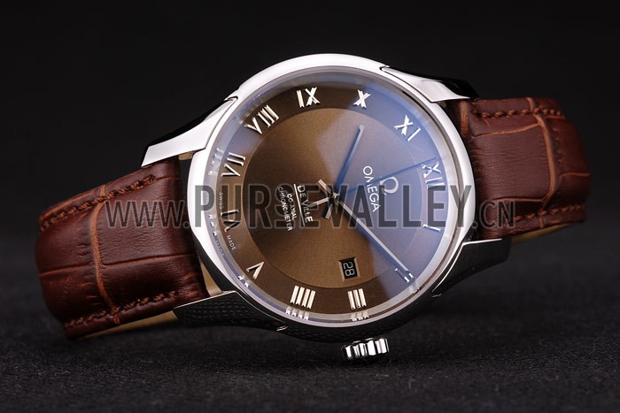 Omega Swiss DeVille Stainless Steel Bezel Brown Leather Strap 7619