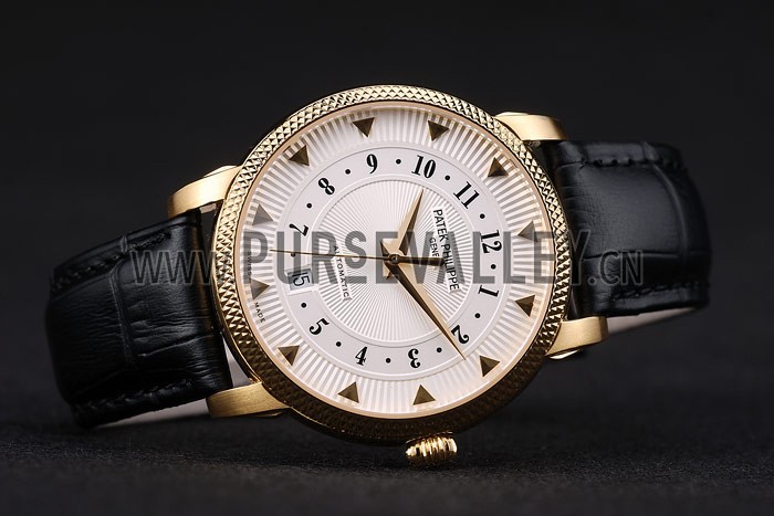 Patek Philippe Swiss Calatrava Ribbed Bezel White Dial Black Leather Strap 7639