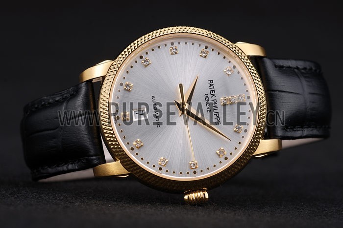 Patek Philippe Swiss Calatrava Ribbed Bezel Grey Dial Black Leather Strap 7640