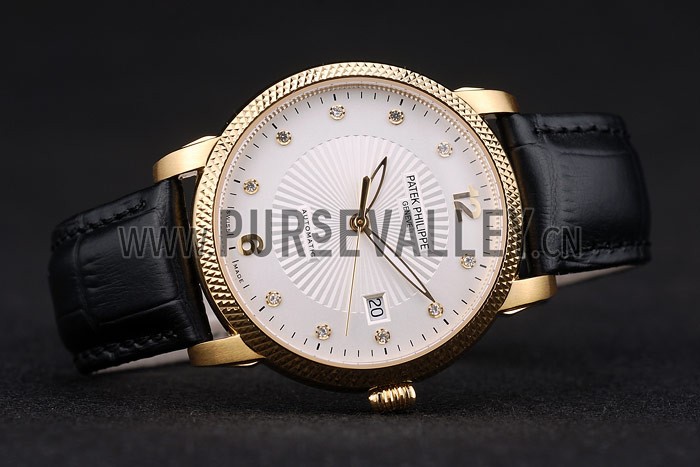 Patek Philippe Swiss Calatrava Ribbed Bezel White Dial Black Leather Strap 7642
