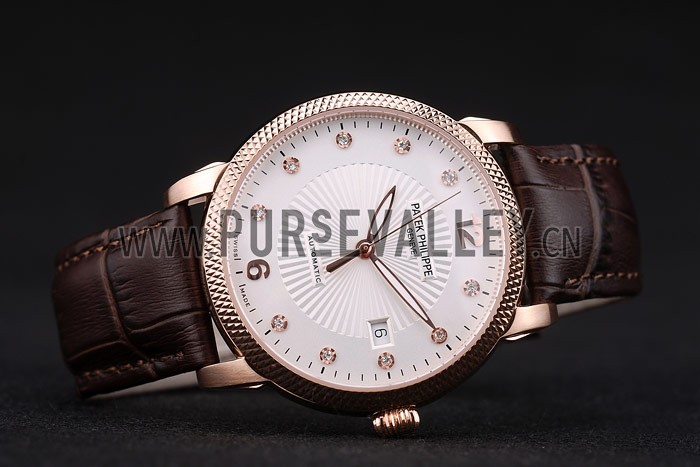 Patek Philippe Swiss Calatrava Ribbed Bezel White Dial Brown Leather Strap 7647