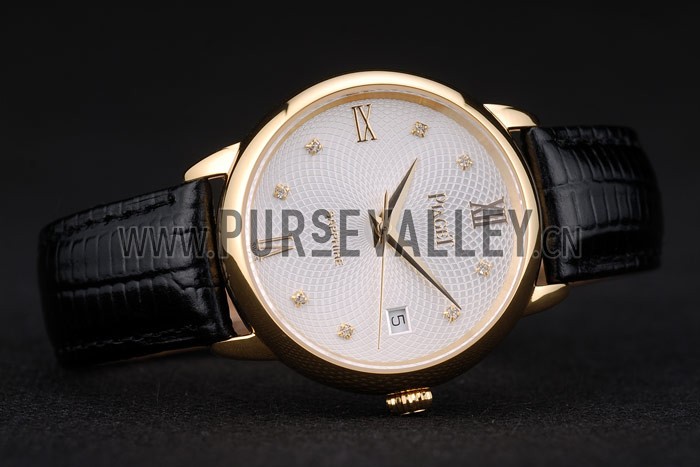 Piaget Swiss Traditional White Radial Pattern Dial Black Leather Strap 7635