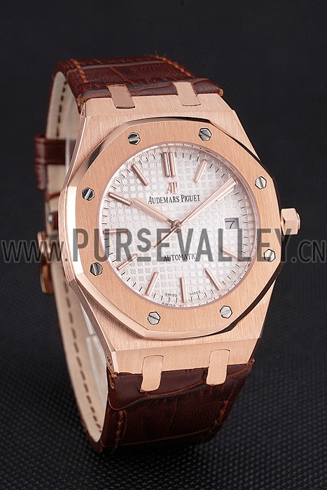 Swiss Audemars Piguet Royal Oak White Dial Gold Case Brown Leather Strap