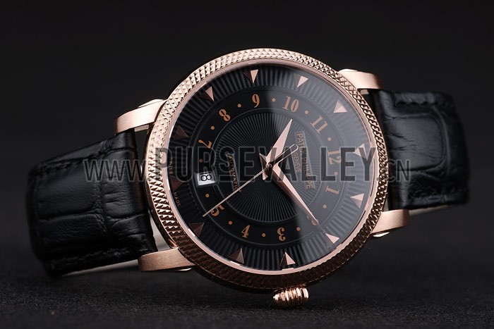 Patek Philippe Swiss Calatrava Ribbed Bezel Black Dial Black Leather Strap 7651