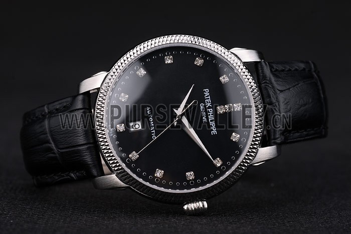 Patek Philippe Swiss Calatrava Ribbed Bezel Black Dial Black Leather Strap 7661