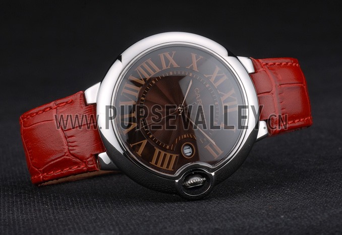 Cartier Ballon Bleu 42mm Brown Dial Stainless Steel Case Red Leather Bracelet