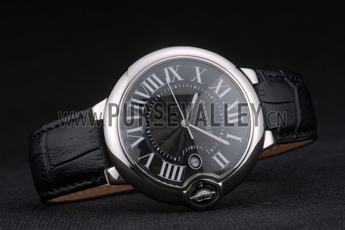 Cartier Ballon Bleu 42mm Black Dial Stainless Steel Case Black Leather Bracelet
