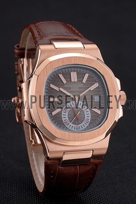 Patek Philippe Nautilus Gray Dial Rose Gold Case Brown Leather Strap