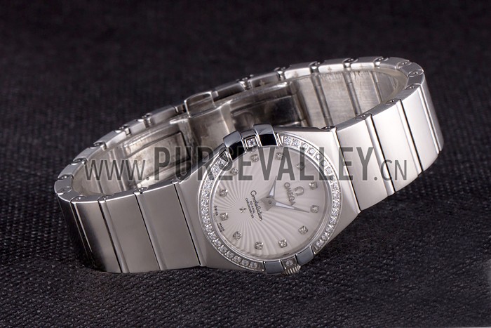 Swiss Lady Omega Constellation Crystal Encrusted Bezel Silver Radial Dial 80291