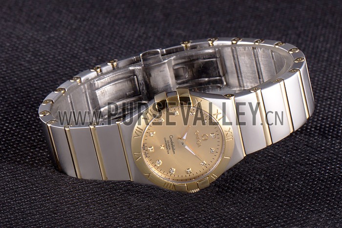 Swiss Lady Omega Constellation Stainless Steel Bracelet Golden Dial 80292