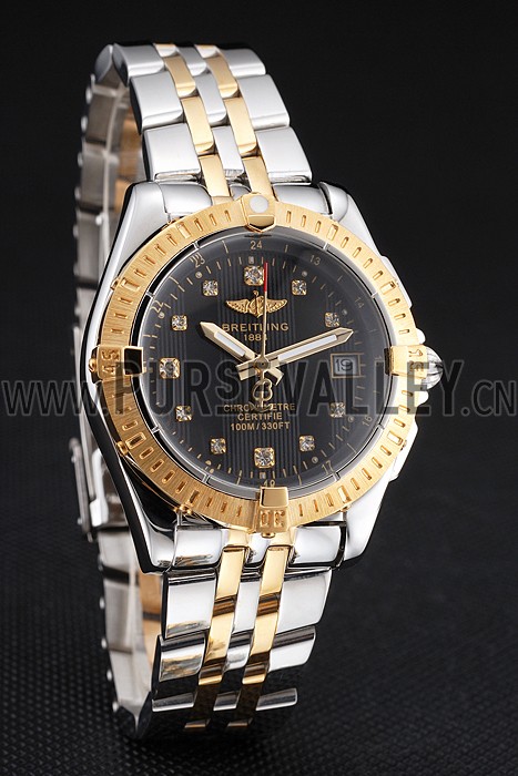 Breitling Colt Lady Black Dial Diamond Hour Marks Gold Bezel Stainless Steel Case Two Tone Bracelet