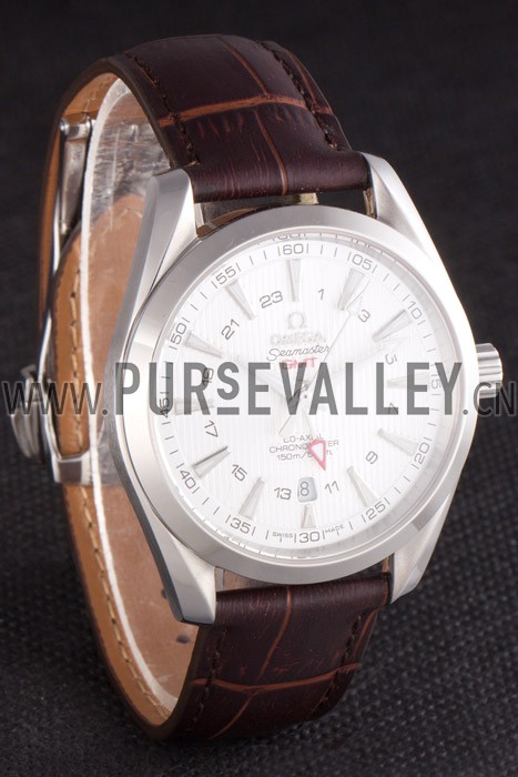 Omega Seamaster Silver Bezel with White Dial and Brown Leather Band 621573