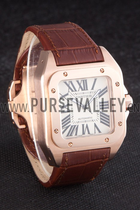 Swiss Cartier Santos Rose Gold with Brown Leather Strap 621522