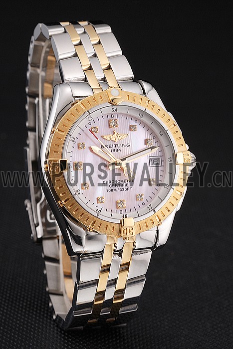 Breitling Colt Lady Pink Dial Diamond Hour Marks Gold Bezel Stainless Steel Case Two Tone Bracelet