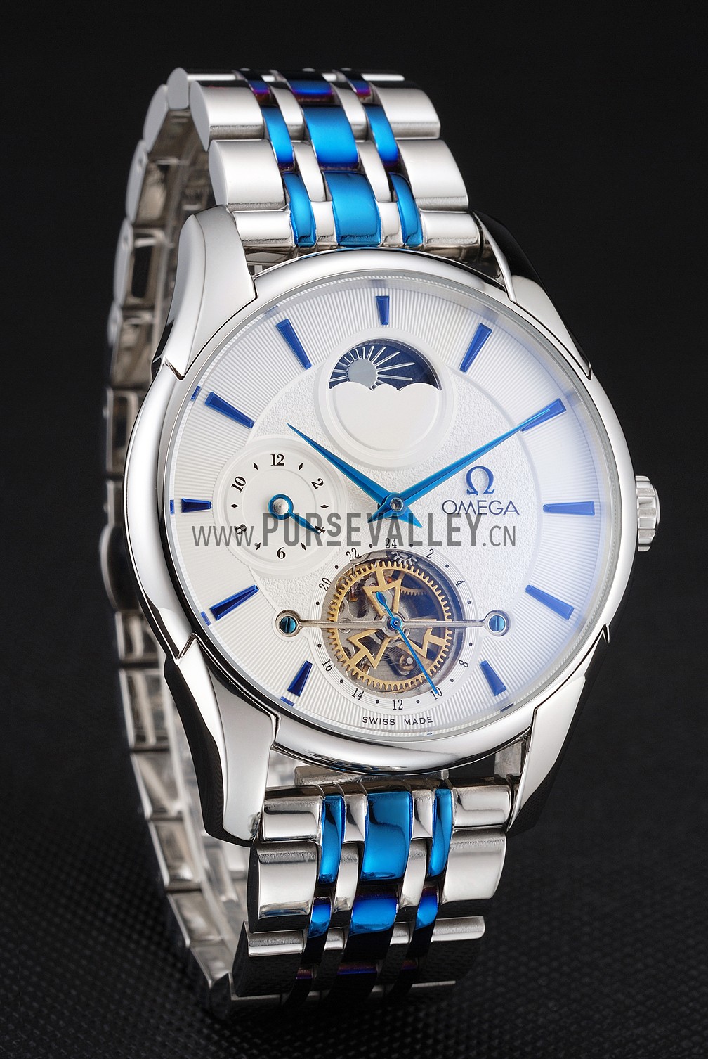 Omega De Ville Moonphase Tourbillon White Dial Stainless Steel Case Two Tone Steel Blue Bracelet