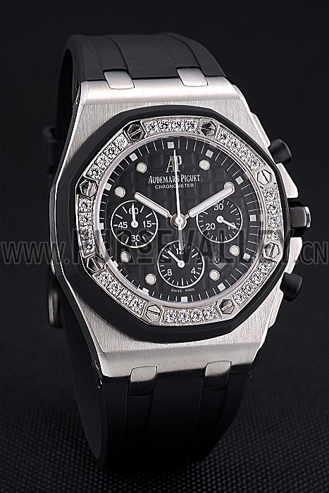 Swiss Audemars Piguet Royal Oak Chronometer Black Dial Diamond Bezel Stainless Steel Case Black Rubber Strap 622867