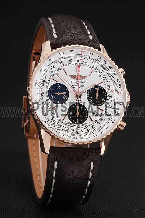 Swiss Breitling Navitimer 01 White Dial Black Subdials Rose Gold Case Brown Leather Strap