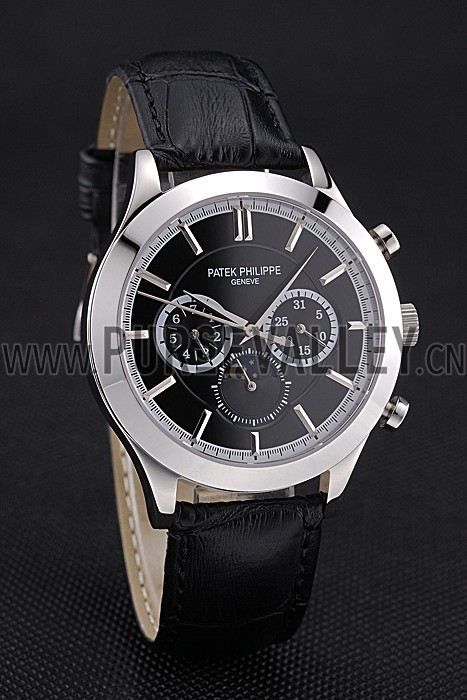 Patek Philippe Moonphase Chronograph Black Dial Stainless Steel Case Black Leather Strap 622842