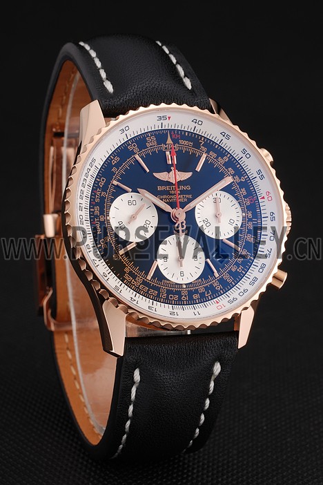 Swiss Breitling Navitimer 01 Black Dial White Subdials Rose Gold Case Black Leather Strap
