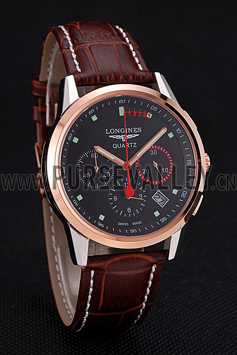 Longines Column Wheel Black Dial Two Tone Case Brown Leather Strap