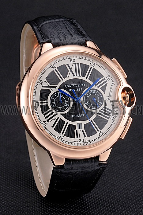 Cartier Ballon Bleu Black Dial Gold Case Black Leather Strap
