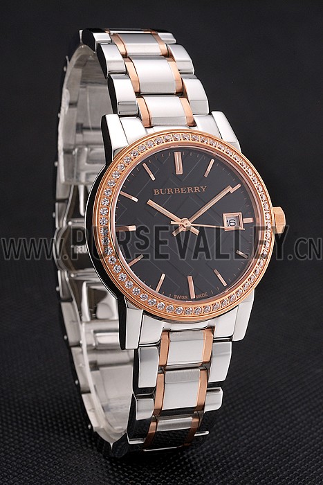 Burberry The City Black Dial Rose Gold Diamond Bezel Stainless Steel Case Two Tone Bracelet