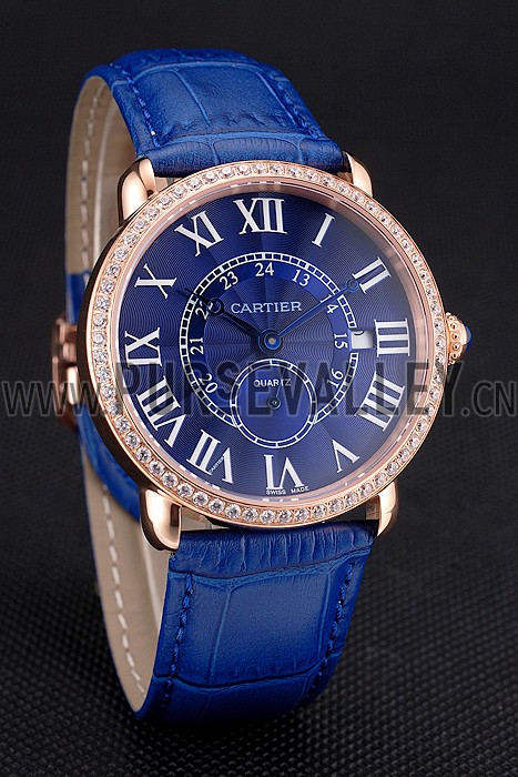 Cartier Ronde Louis Cartier Blue Dial Gold Case Diamond Bezel Blue Leather Strap