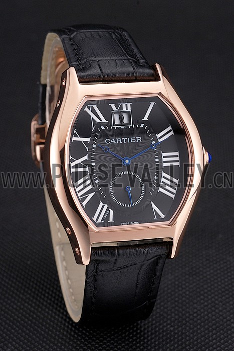 Cartier Tortue Large Date Black Dial Gold Case Black Leather Strap