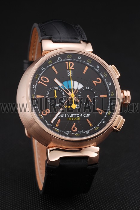 Louis Vuitton Tambour LV Cup Regate Black Dial Rose Gold Case Black Leather Strap