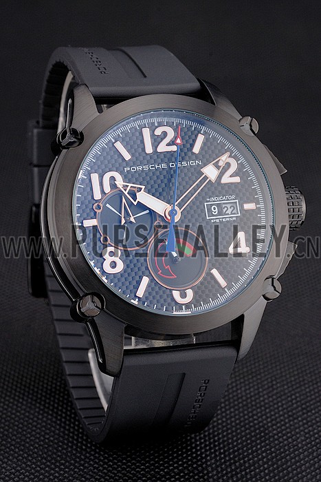 Porsche Design Indicator Black Dial Gold Numerals Black PVD Case Black Rubber Strap