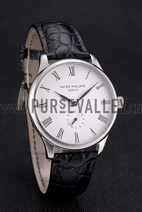 Patek Philippe Calatrava White Dial Stainless Steel Case Black Leather Strap