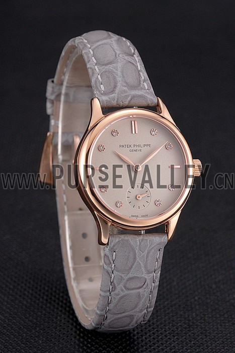 Patek Philippe Calatrava Gray Dial Diamond Markings Rose Gold Case Gray Leather Strap
