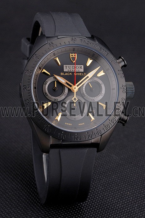 Tudor Fastrider Black Shield Black Dial Gold Markings Black Case Black Rubber Strap