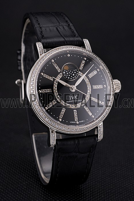 IWC Portofino Moon Phase Black Dial With Diamonds Stainless Steel Case Diamonds Bezel Black Leather Strap