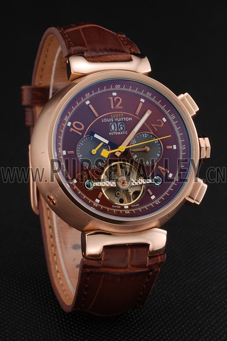 Louis Vuitton Tambour LV277 Tourbillon Brown Dial Rose Gold Case Brown Leather Strap