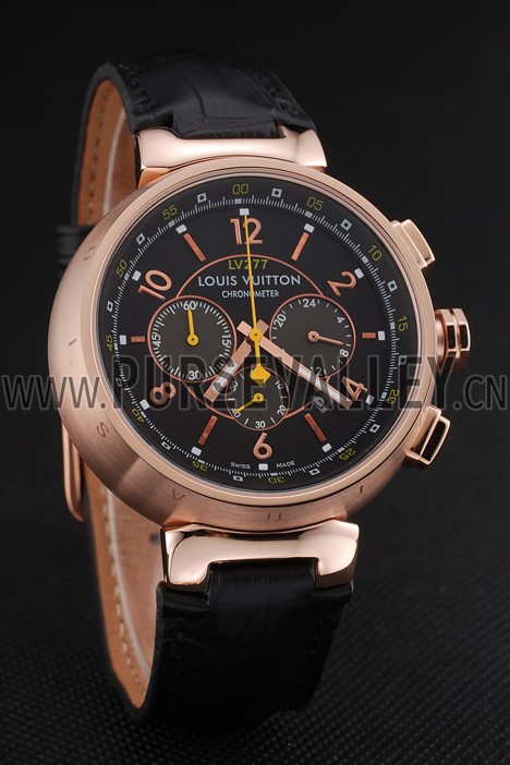 Louis Vuitton Tambour LV277 Chronograph Black Dial Rose Gold Case Black Leather Strap