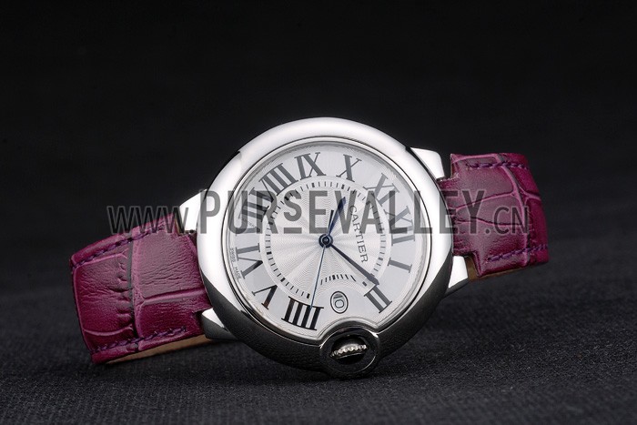 Cartier Ballon Bleu 38mm White Dial Stainless Steel Case Purple Leather Bracelet