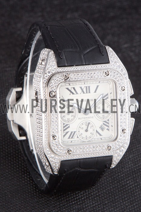 Swiss Cartier Santos Silver Bezel with Diamonds and Black Leather Strap sct44 621528