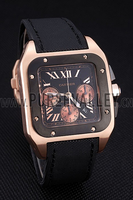 Swiss Cartier Santos Rose Gold Bezel with Black Dial and Black Fabric Strap sct39 621523