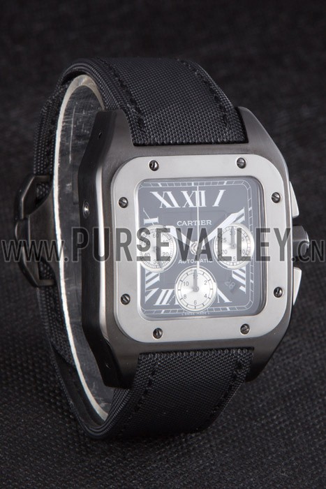 Swiss Cartier Santos Two Tone Bezel with Black Dial and Black Fabric Strap 621525