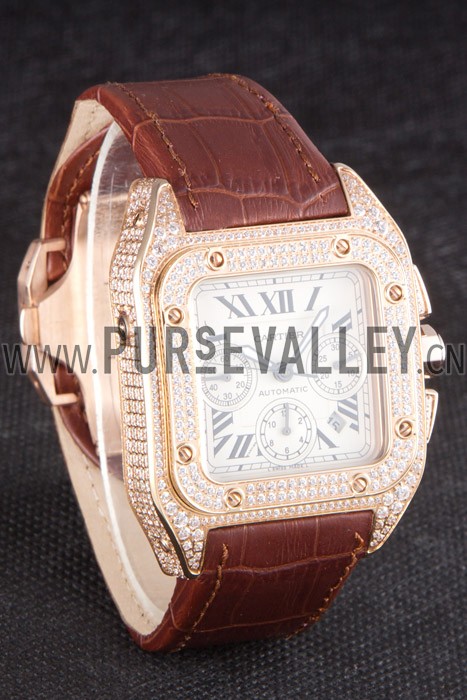 Swiss Cartier Santos Rose Gold Bezel with Diamonds and Brown Leather Strap sct43 621527