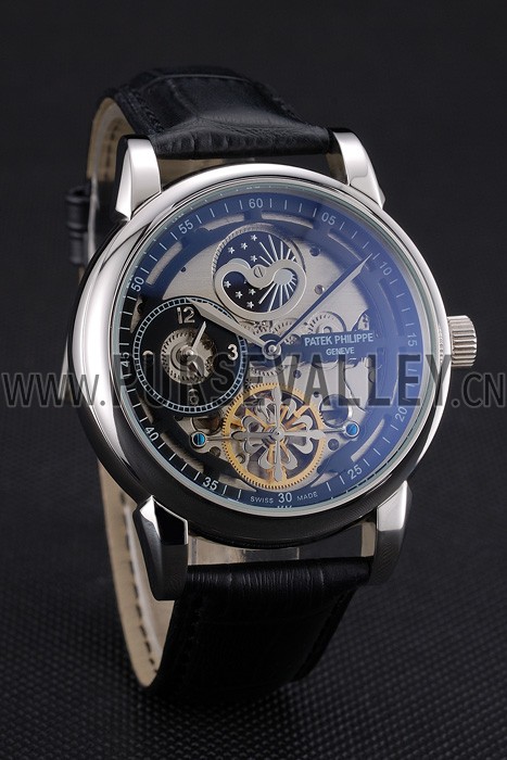 Patek Philippe Dual Time Moonphase Tourbillon Black Skeletonised Dial Stainless Steel Case Black Leather Strap