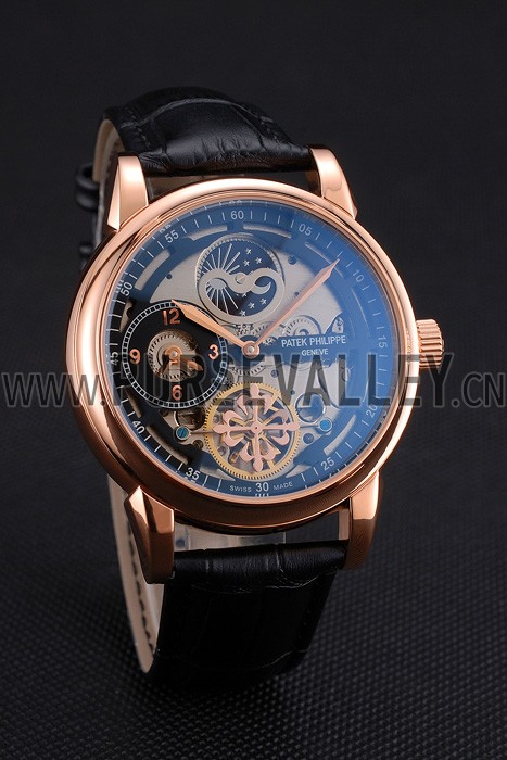 Patek Philippe Dual Time Moonphase Tourbillon Black Skeletonised Rose Gold Case Black Leather Strap