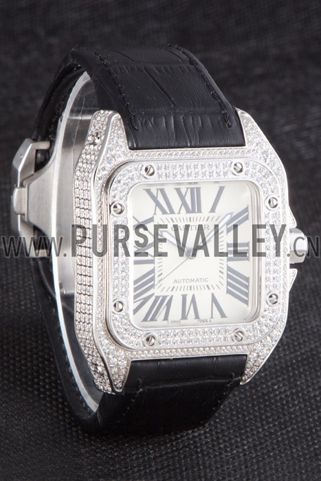 Swiss Cartier Santos Silver Bezel with Diamonds and Black Leather Strap sct47 621531