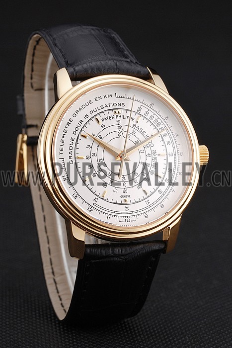 Swiss Patek Philippe Multi-Scale Chronograph White Dial Gold Case Black Leather Strap