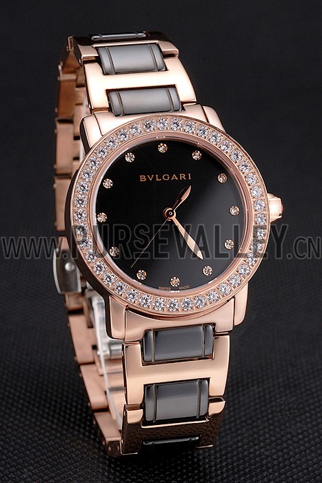 Bvlgari Bvlgari Black Dial Diamond Hourmarks Gold Case Diamond Bezel Two Tone Bracelet