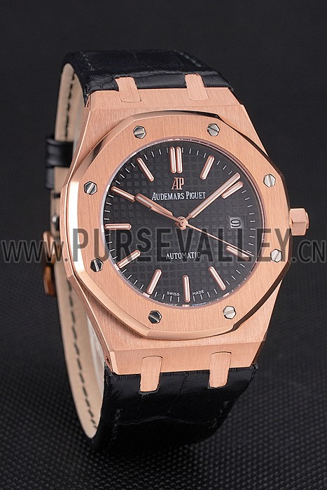 Swiss Audemars Piguet Royal Oak Black Dial Gold Case Black Leather Strap