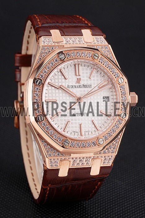 Swiss Audemars Piguet Royal Oak White Dial Gold Case With Diamonds Brown Leather Strap